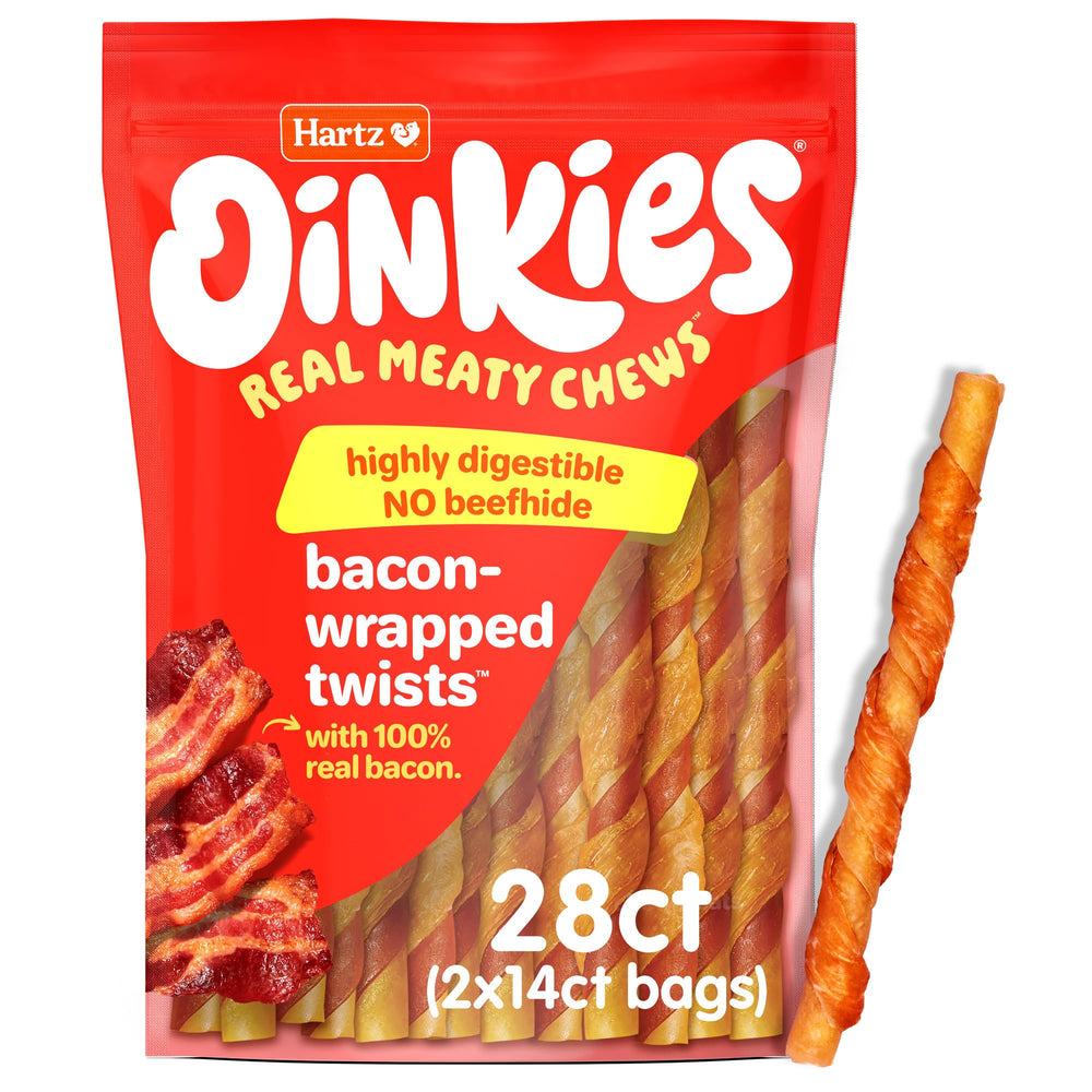 Hartz Oinkies Bacon Wrapped Twists bag-front view showing real bacon flavor for dogs