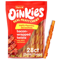 Hartz Oinkies Bacon Wrapped Twists bag-front view showing real bacon flavor for dogs
