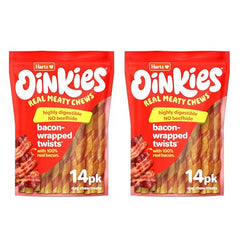 Opened Hartz Oinkies bag revealing bacon-wrapped chews for dogs