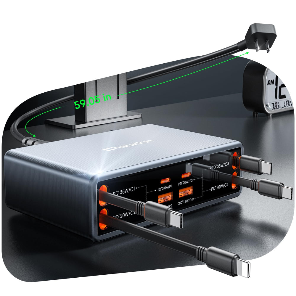 HATALKIN 8-in-1 retractable charger on a desk powering multiple devices.