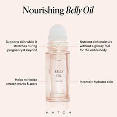 HATCH Belly Oil texture swirl shows quick-dry hydrating formula for sensitive skin.