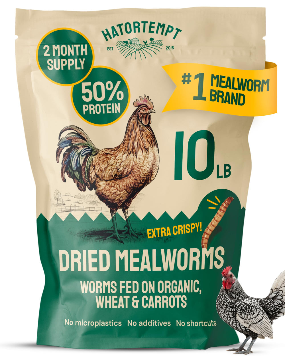 Hatortempt bulk dried mealworms in a 10 lb bag for poultry and birds.