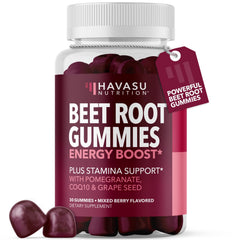 HAVASU Nutrition Beet Root Gummies bottle shot highlighting CoQ10 and pomegranate for daily energy support