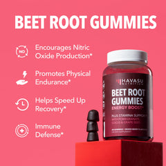 HAVASU Nutrition Beet Root Gummies packaging emphasizing vegan and non GMO features
