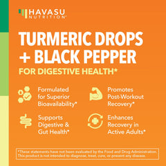 Havasu Nutrition Turmeric Drops label highlights organic, vegan, gluten-free attributes.
