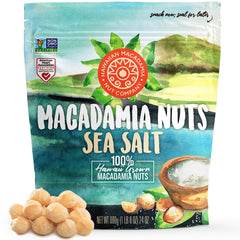 Hawaiian Macadamia Nut Company dry roasted sea salt macadamias in a 24oz bag, ready to snack.