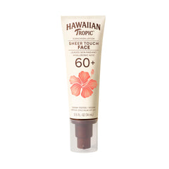Hawaiian Tropic Sheer Touch SPF 60 bottle close-up, travel-size protection for sunny days.