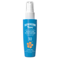 Hawaiian Tropic Water Mist SPF 30 bottle in hand for hydrating sun protection.