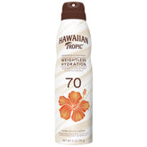 Hawaiian Tropic Weightless Hydration spray bottle with clear formula for quick, mess-free SPF application.