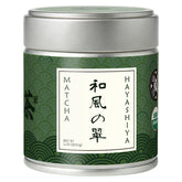 HAYASHIYA Matcha ceremonial tin front, showcasing premium packaging for Kyoto-quality tea rituals.