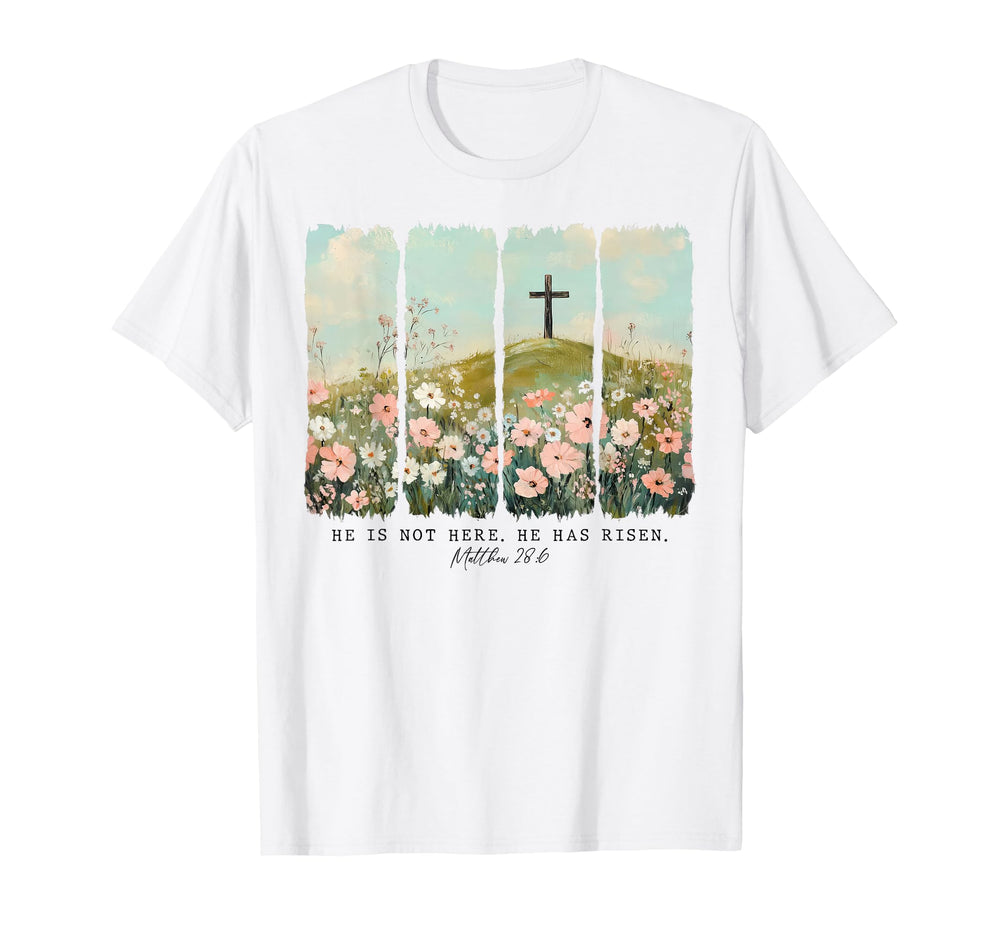 He Is Risen Christian Wildflower T-Shirt front view with floral cross design for Easter outfits.