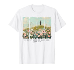 He Is Risen Christian Wildflower T-Shirt front view with floral cross design for Easter outfits.