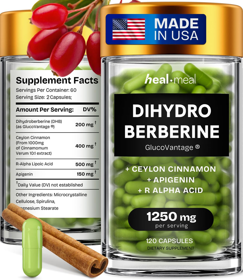 HealMeal Dihydroberberine bottle close-up highlighting enhanced absorption.