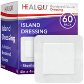Healqu Island Dressing 4x4 pad in box front, sterile and ready for first aid use.