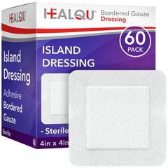 Healqu Island Dressing 4x4 pad in box front, sterile and ready for first aid use.