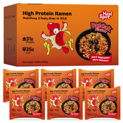 HealSpot high-protein spicy buldak noodles package showing plant-based protein