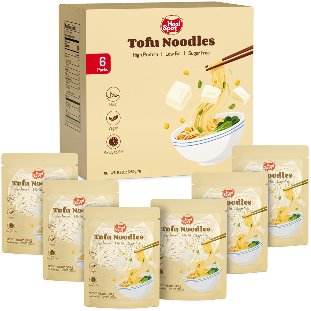 HealSpot Tofu Noodles packaging close-up, convenient ready-to-eat meal for busy days.