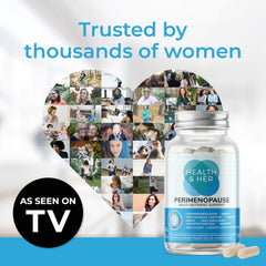 Health and Her perimenopause capsules close-up showing vegan gluten-free formula