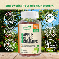 Health Nutrition Naturals Apple Cider Vinegar Gummies label displaying 1000mg per serving and Vitamin B12