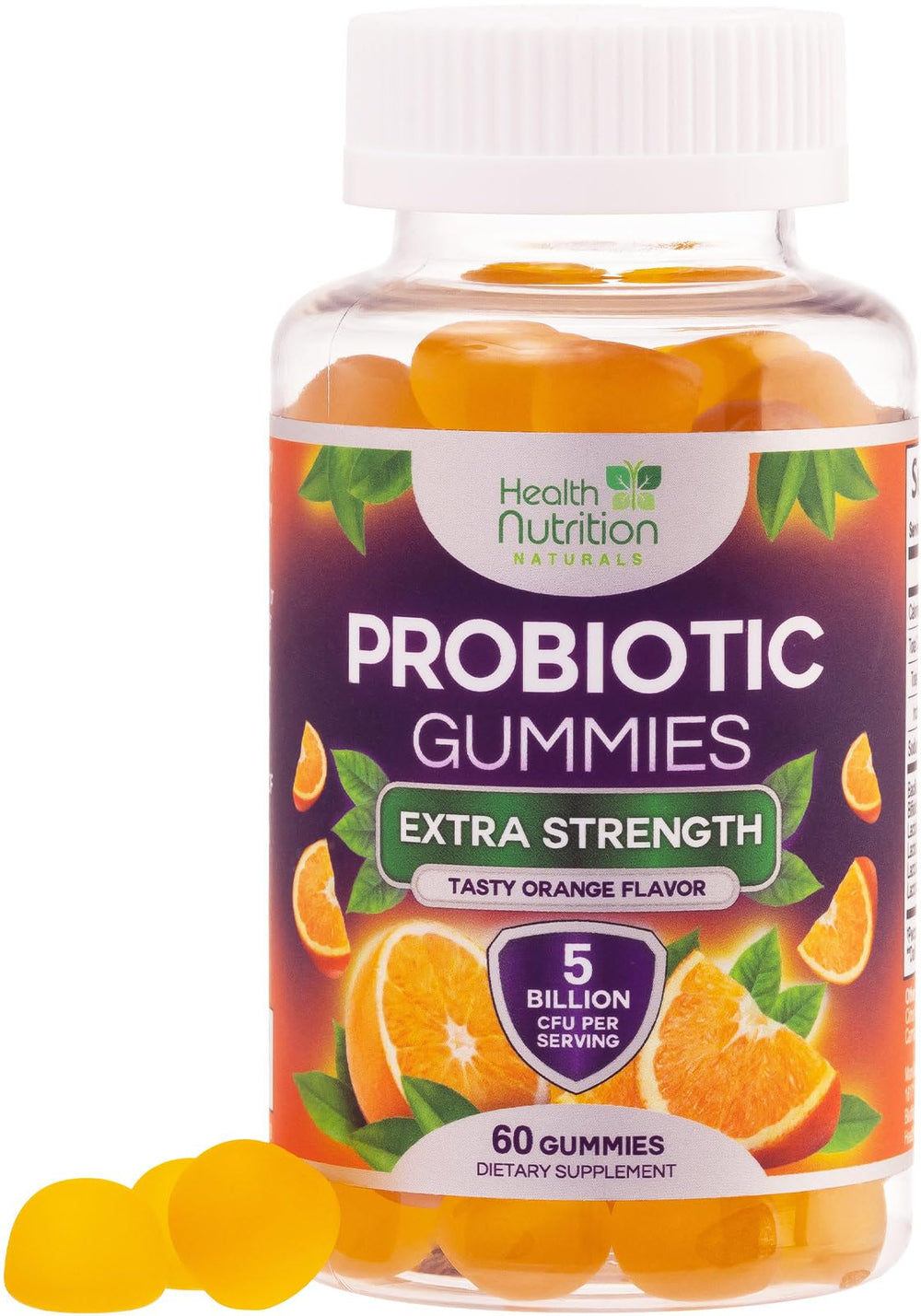 Health Nutrition Naturals probiotic gummies bottle-front promotes daily gut support.