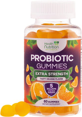 Health Nutrition Naturals probiotic gummies bottle-front promotes daily gut support.