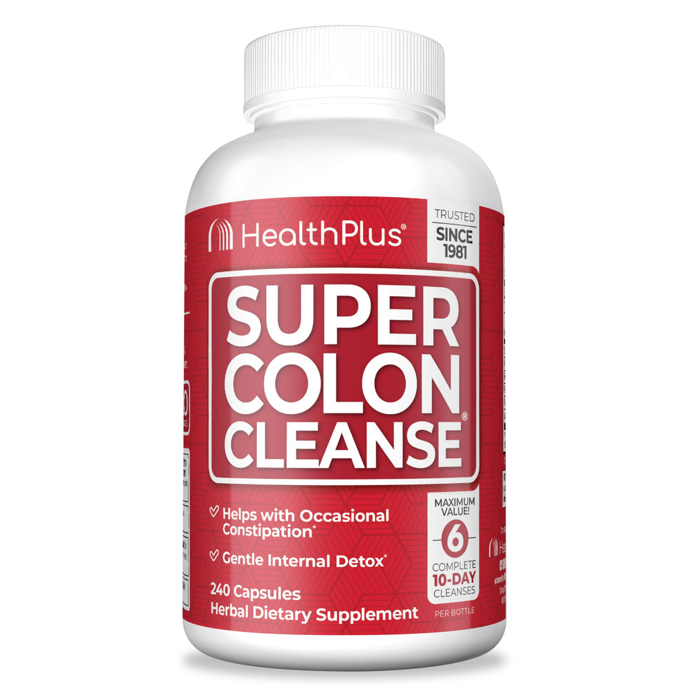 Health Plus Super Colon Cleanse bottle front view showing convenient capsules for gentle detox.