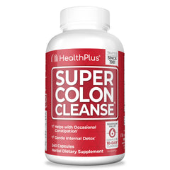Health Plus Super Colon Cleanse bottle front view showing convenient capsules for gentle detox.