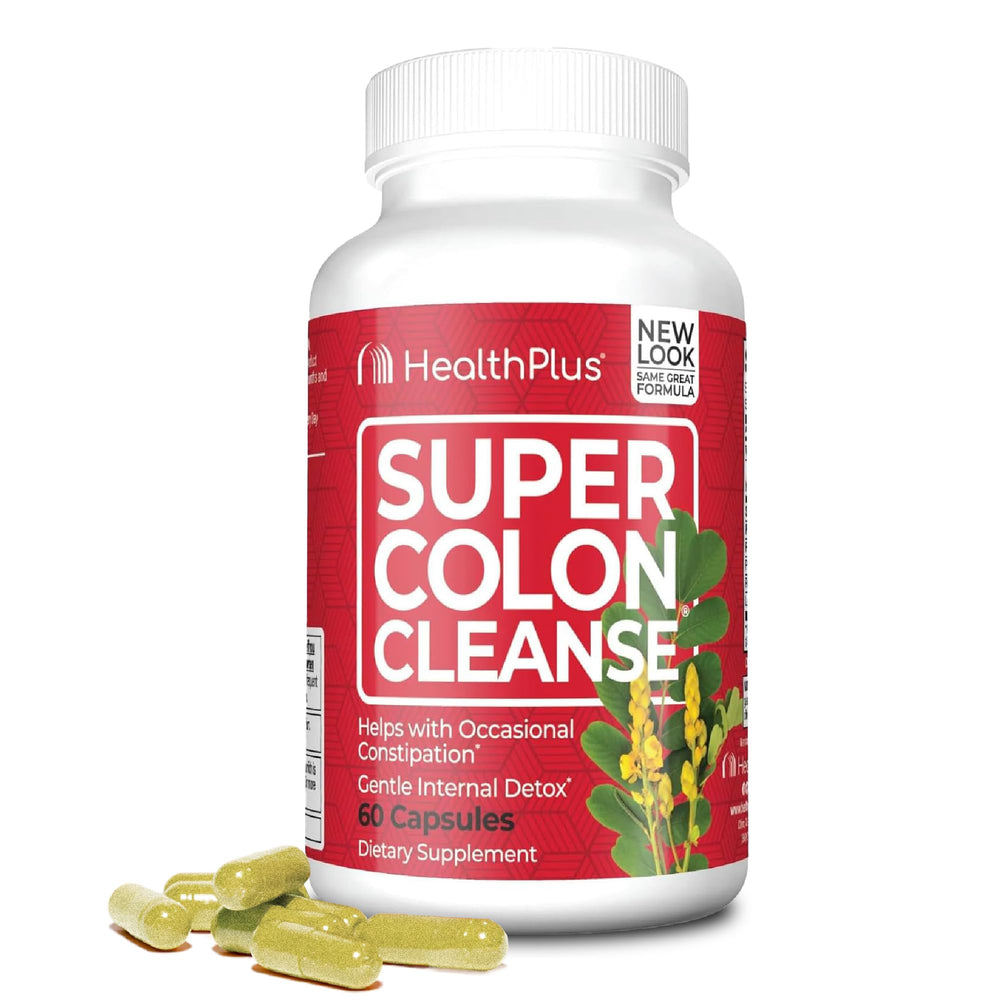 Health Plus Super Colon Cleanse bottle label highlights gentle detox for regularity.