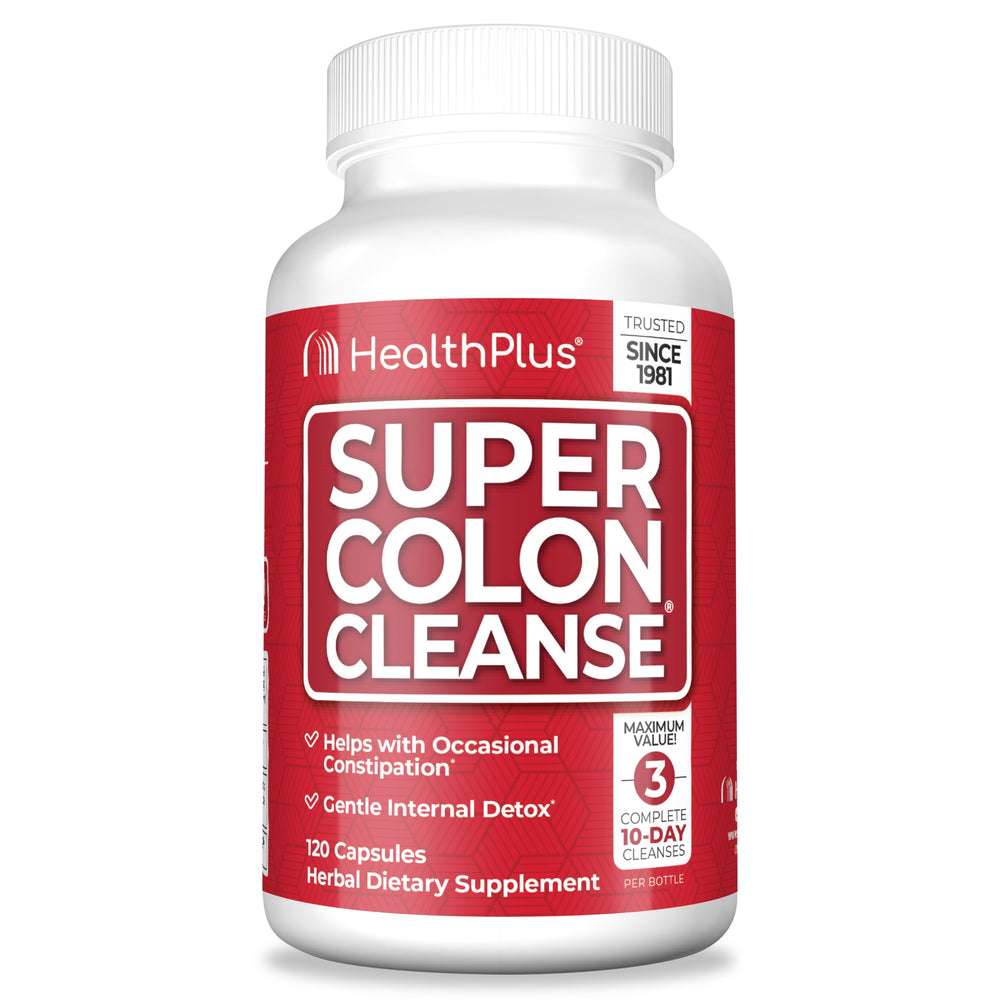 Health Plus Super Colon Cleanse bottle label communicates gentle detox support.