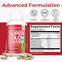 Health Plus Super Colon Cleanse capsules in a glass jar for daily use
