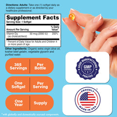Health Thru Nutrition D3 2000 IU softgels close-up showing small, easy-to-swallow capsules.