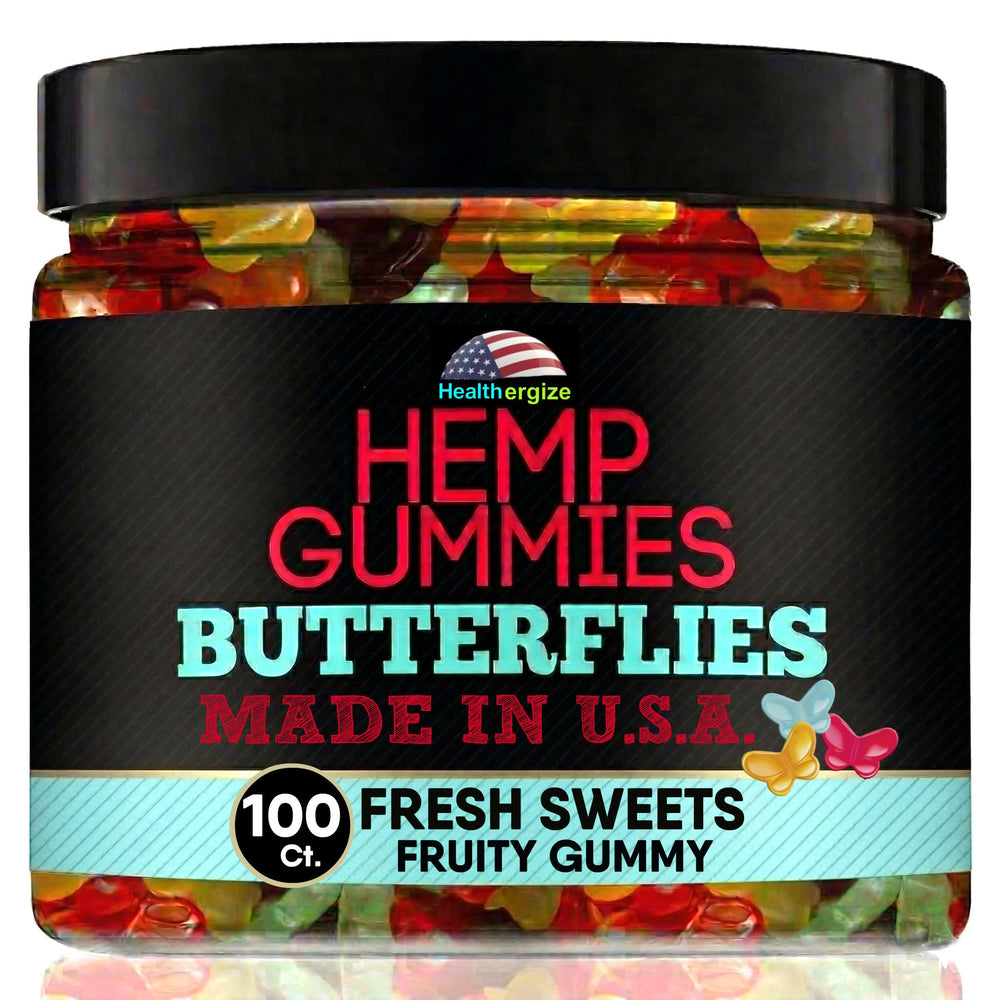 Healthergize butterfly-shaped hemp gummies close-up for a playful, fruity treat