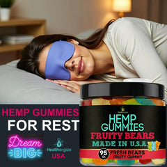 Healthergize hemp gummies closeup showing fruity flavors and chewy texture