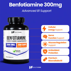 Close-up of Healthfare Benfotiamine 300mg capsules highlighting capsule texture and form