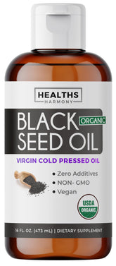 Healths Harmony black seed oil bottle for daily use in your wellness routine.