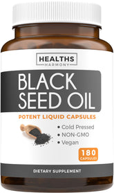 Healths Harmony black seed oil softgel bottle boosts convenient daily wellness.