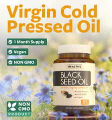 Healths Harmony Nigella sativa cold-pressed oil close-up signaling premium quality.