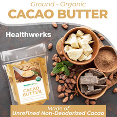 Healthworks Cacao Butter closeup texture highlights smooth, unrefined quality.