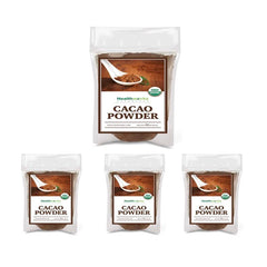 Healthworks Cacao Powder on wooden table close-up, highlighting fine texture.
