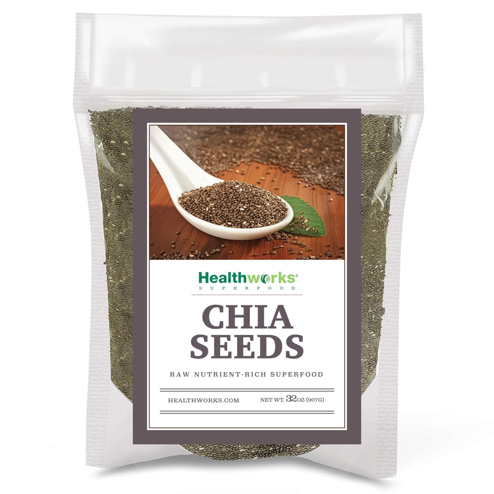 Healthworks chia seeds package close-up, ideal for vegan meals and smoothies.