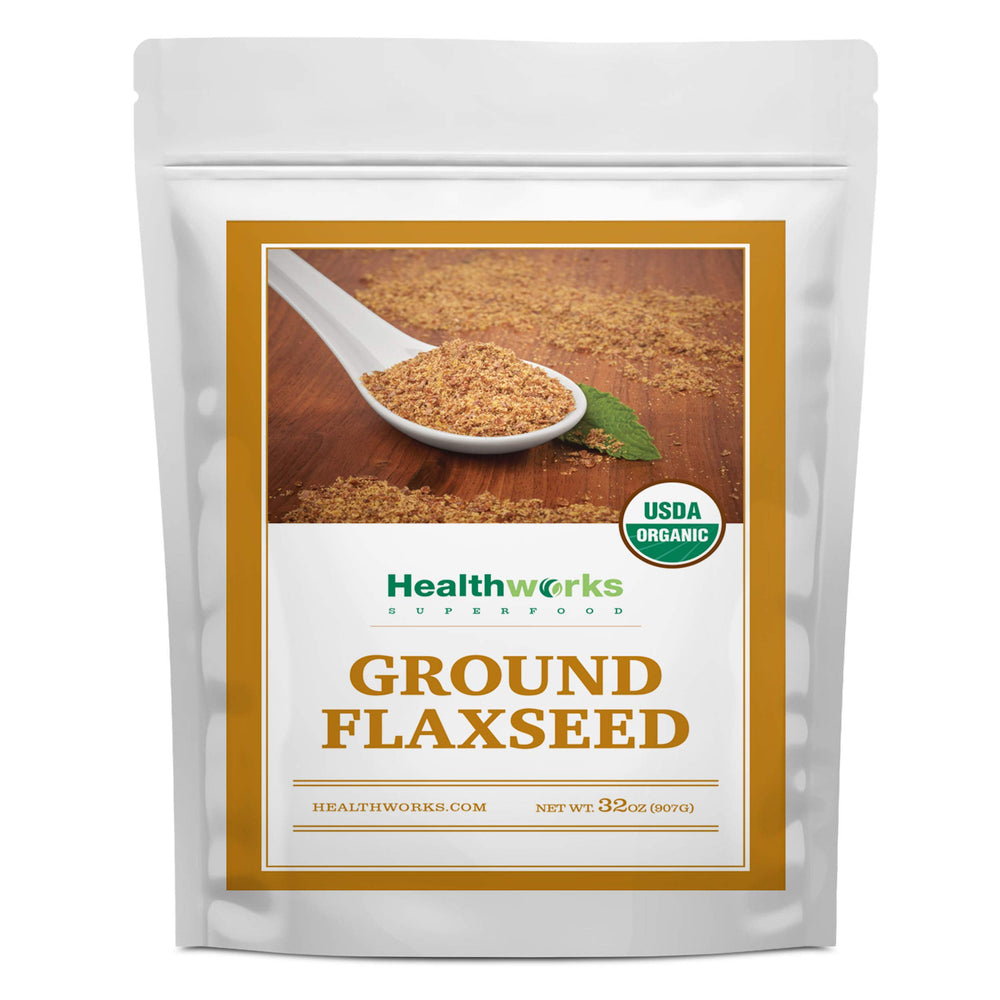 Healthworks Flax Seed Organic 32oz bottle shown, adds fiber and omega-3 to meals.