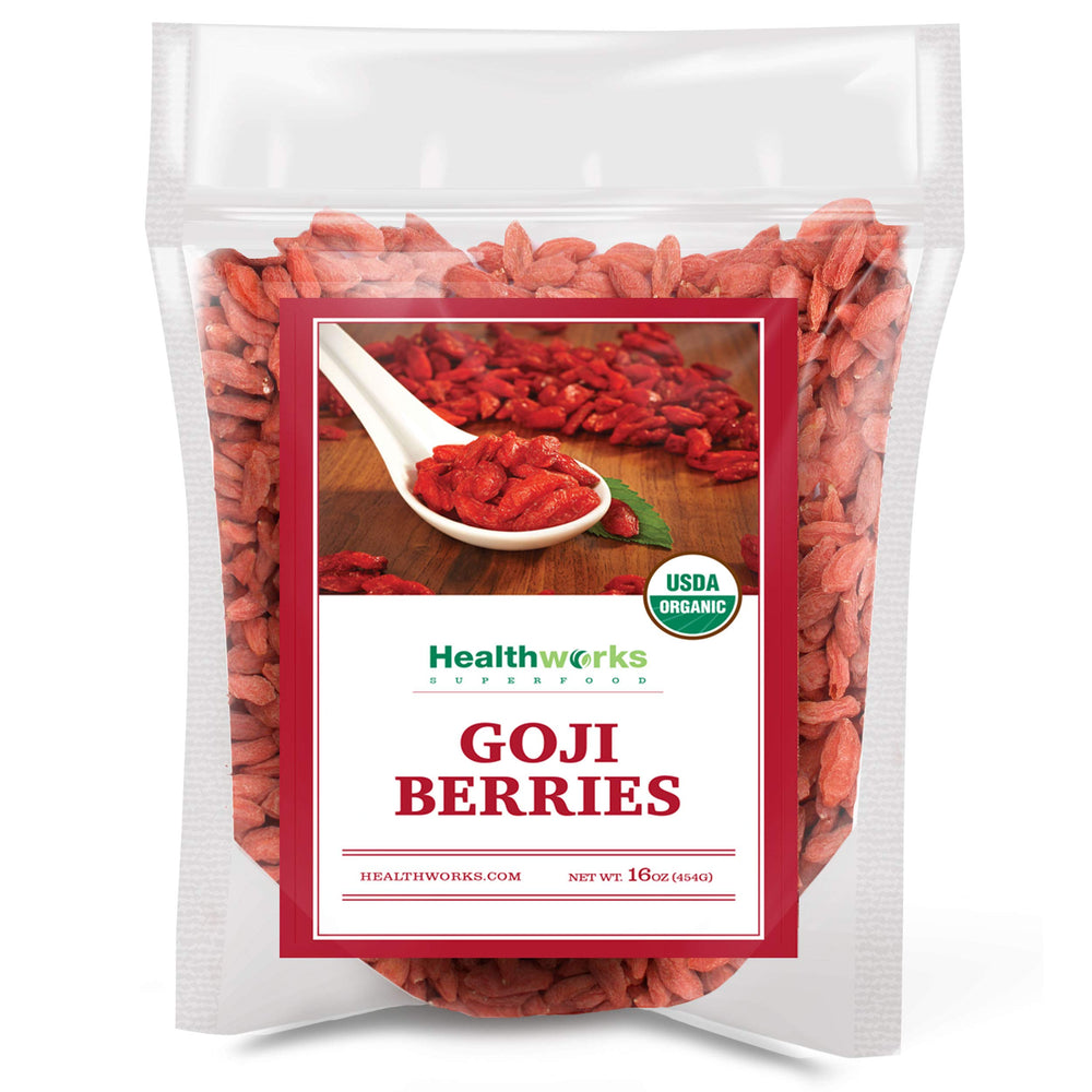 Healthworks Goji Berries pack front shows organic, nutrient-dense snack option.