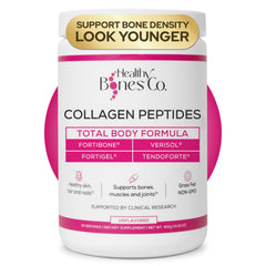 Healthy Bones Co. Fortibone bottle with scoop for daily collagen routine