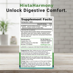 Healthy Gut HistaHarmony enteric-coated tablets shown for gentle digestion.