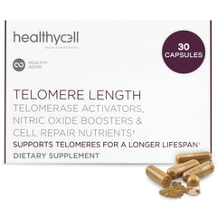 Healthycell Telomere Length Supplement bottle on a clean desk signaling daily cellular support