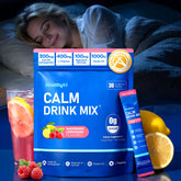 HealthyVi Calm Magnesium Glycinate powder in raspberry lemonade tub for daily relaxation.