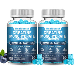 Healtionist creatine HMB gummies bottle front shows convenient daily energy support for workouts