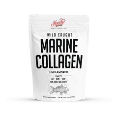 HEARTHY FOODS Marine Collagen Powder bottle shows wild-caught fish sourcing for daily protein support