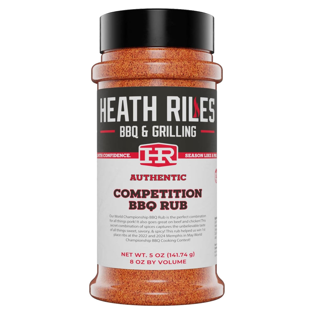 Heath Riles BBQ Rub Competition bottle pour enhances flavor for pork, beef, and chicken.