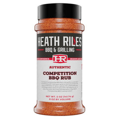 Heath Riles BBQ Rub Competition bottle pour enhances flavor for pork, beef, and chicken.